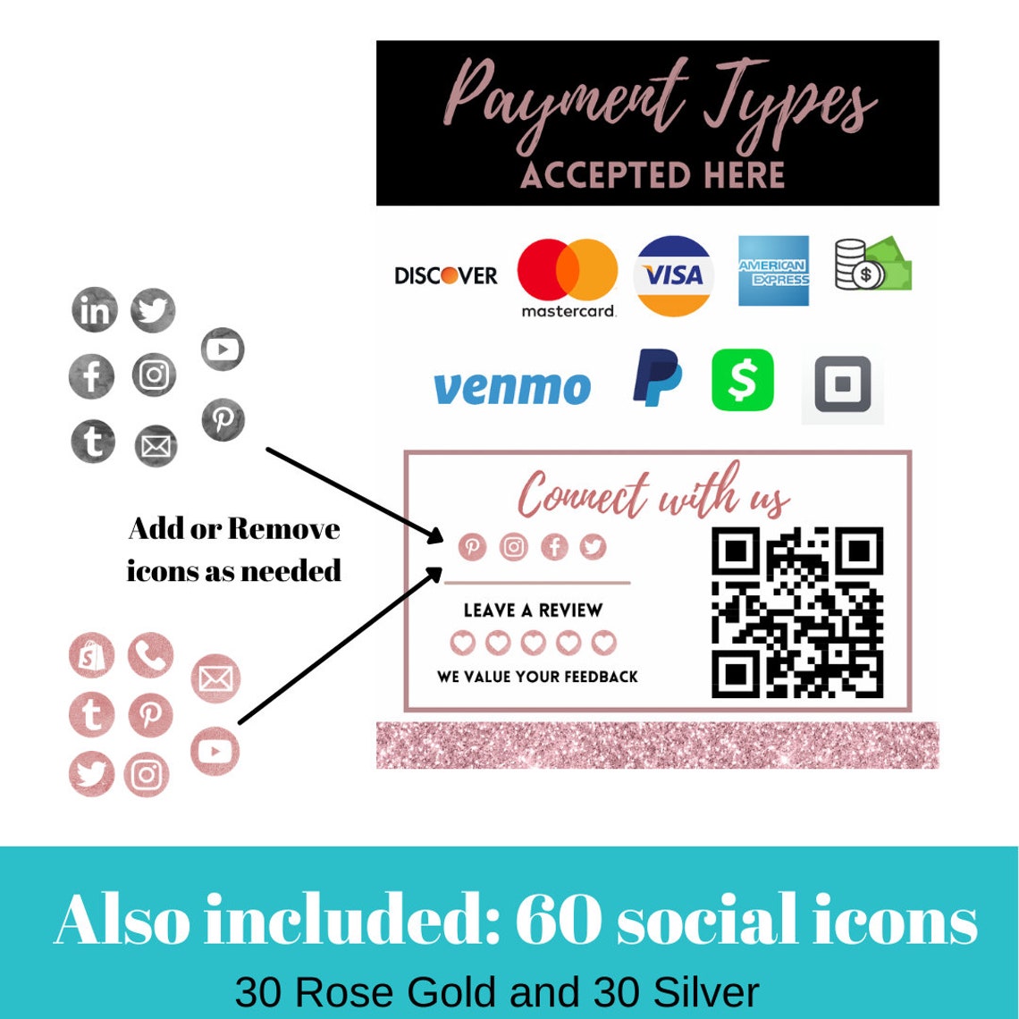 Rose Gold Payment method PrintableWe Accept Credit Cards Etsy
