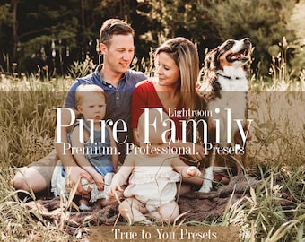 May include: A family of four, including a dog, sitting on a blanket in a grassy field. The parents are smiling and looking at each other. The children are looking at the camera. The text "Pure Family Lightroom Premium Professional Presets True to You Presets" is superimposed on the image.