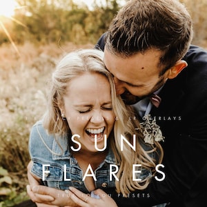 May include: A couple laughing together in a field with a sun flare effect. The text "LR & LR PRESENTS SUN FLARES TRUE TO YOU PRESETS" is superimposed on the image.