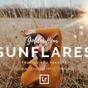 Op de afbeelding: Golden Hour Sunflares Lightroom preset-overlays voor fotografen. De tekst "True to You Presets" en het Lightroom-logo zijn zichtbaar.