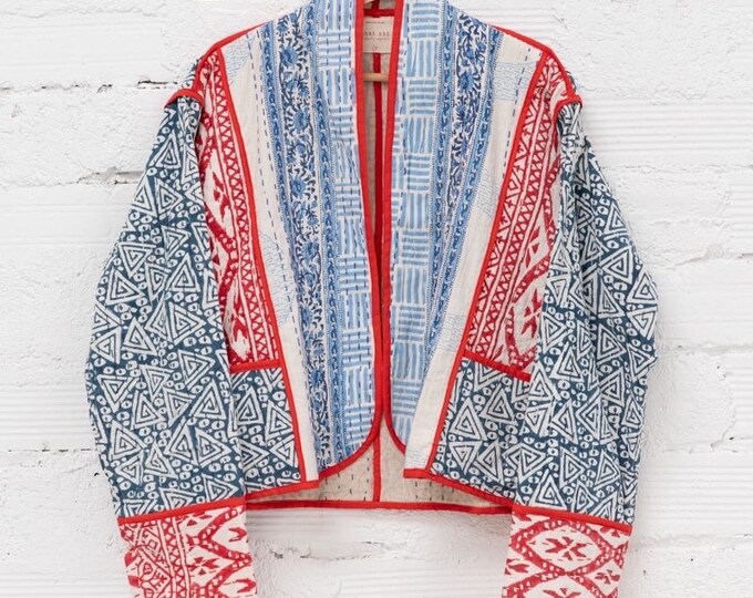 Accappatoio Kimono Lungo Donna In Cotone Trapuntato Fatto A Mano &ndash; Turchese Floreale