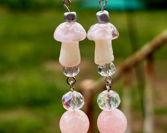 Handmade, Rose Quartz Mushroom Dangle Earrings