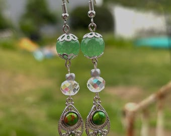Handmade, adventuring Dangle Earrings with Green Dyed Howlite Charm