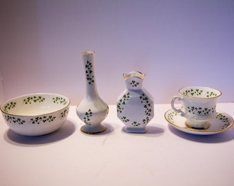 Lot of 5 Royal Tara Irish Green Shamrocks China Cup Saucer 2 Vases Bowl