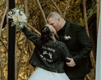 Till Death Do Us Part | Black Pearl Jacket | Personalized Denim Jacket | Denim Bridal Jacket | Customized Wedding Jean Jacket | Wedding Day