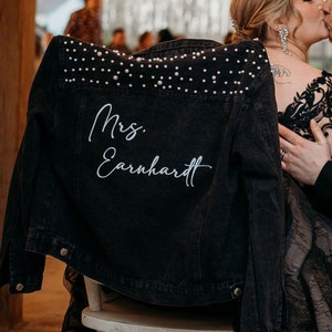 Custom Black Denim Bridal Jacket: Pearl Wedding Day Jacket