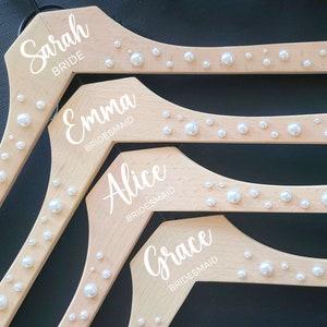 Personalized Wedding Hanger: Pearl Adorned Wood, Custom Text