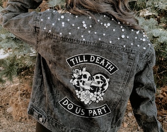 Bis dass der Tod uns scheidet | Schwarze Perlenjacke | Personalisierte Jeansjacke | Braut-Jeansjacke | Hochzeitsjacke