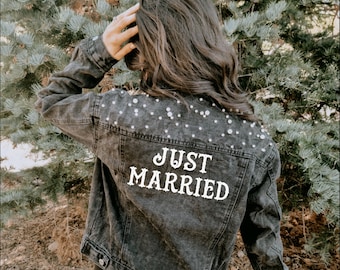 Just Married Jacket | Black Pearl Jacket | Personalized Denim Jacket | Denim Bridal Jacket | Customized Wedding Jean Jacket