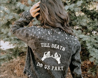 Bis der Tod uns scheidet | Schwarze Perlenjacke | Personalisierte Jeansjacke | Denim Brautjacke | Maßgeschneiderte Hochzeits-Jeansjacke | Hochzeitstag