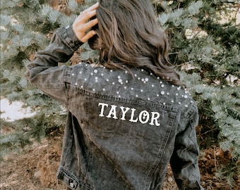 Last Name Jacket | Bride Black Pearl Jacket | Personalized Denim Jacket | Denim Bridal Jacket | Customized Wedding Jean Jacket