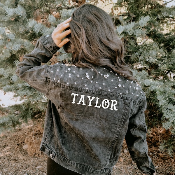 Last Name Jacket | Bride Black Pearl Jacket | Personalized Denim Jacket | Denim Bridal Jacket | Customized Wedding Jean Jacket