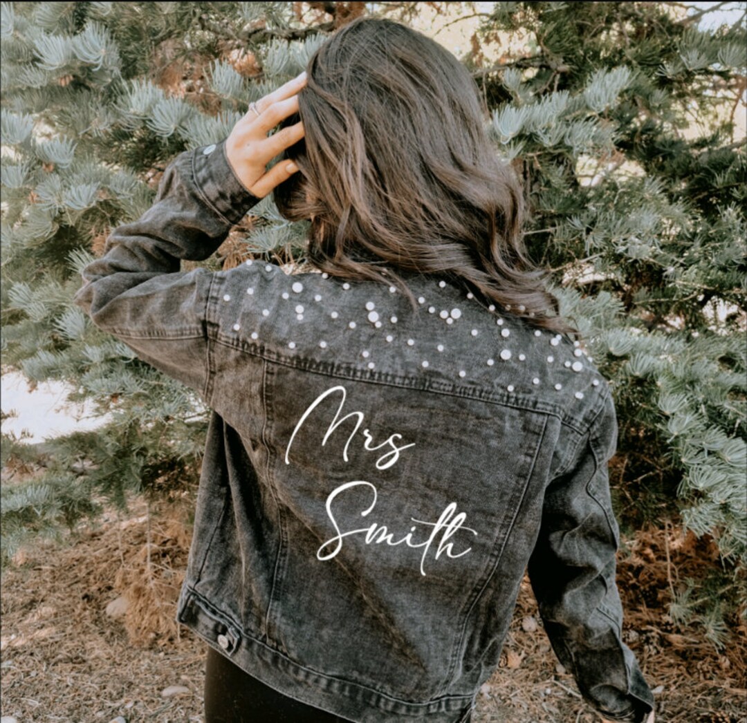 MRS Jacket Black Pearl Jacket Last Name Jacket Denim Bridal Jacket MRS Jacket Black Pearl Jacket Last Name Jacket Denim Bridal Jacket
