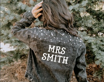 MRS Jacket | Black Pearl Jacket | Last Name Jacket | Denim Bridal Jacket | Customized Wedding Jean Jacket | Wedding Day Jacket