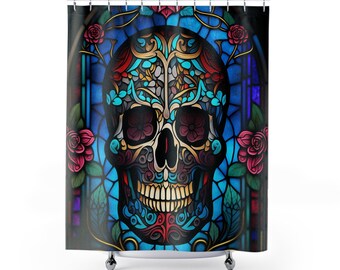 Bunter Sugar Skull Buntglas-Duschvorhang, Goth/Punk-Badevorhang, Duschvorhang