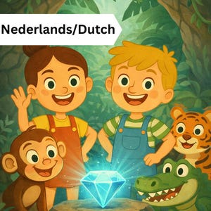 Puede incluir: Una ilustración de dibujos animados con dos niños, un mono, un tigre y un cocodrilo reunidos alrededor de un diamante azul brillante sobre un pedestal de piedra en una selva. El texto "Nederlands/Dutch" aparece en la esquina superior izquierda.