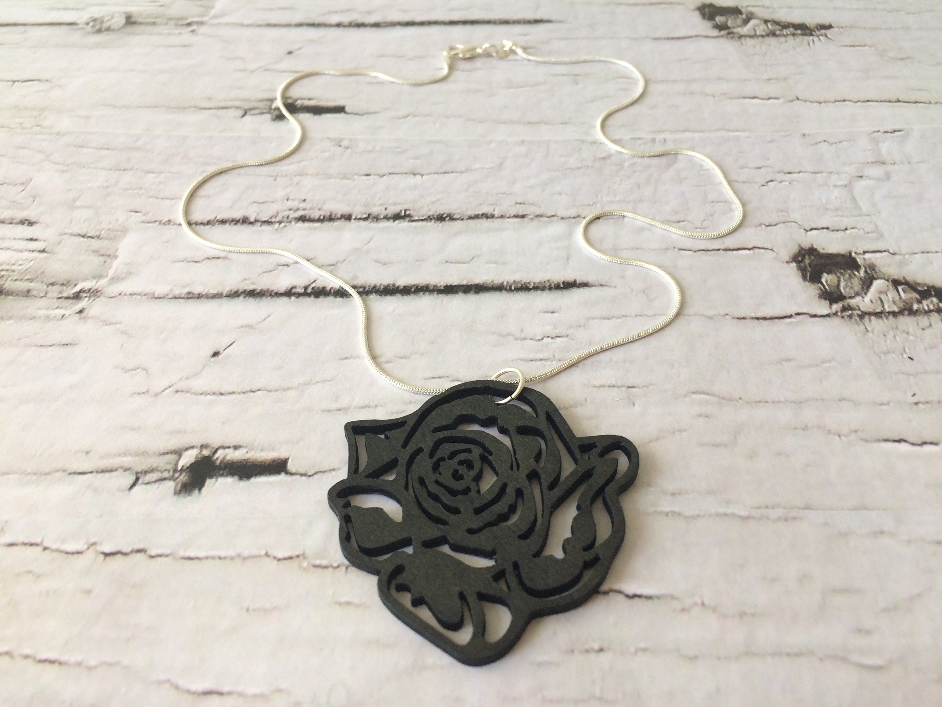Wood Rose Necklace, Wooden Pendant, Roseshaped, Wood Jewelry, Silver