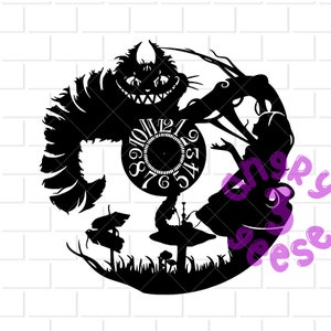 May include: Black silhouette wall clock featuring the Cheshire Cat, Alice, and other elements from Alice in Wonderland. The clock face is white with black numbers. The design includes mushrooms and other whimsical details.
