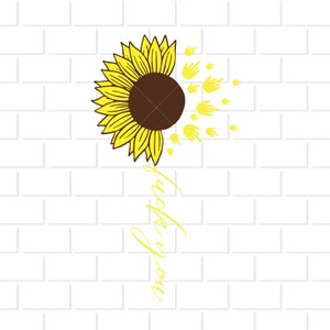 May include: A yellow sunflower with a brown center. The sunflower is facing to the right and has a row of yellow hand gestures on the right side of the flower. The text "kick you" is written in yellow script below the sunflower.