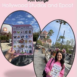 May include: A pink "Pin Bingo" game board with the text "HAP-PIN-LY EVER AFTER" and "Hollywood Studios and Epcot". The board features various Disney-themed icons and is held by a person in a pink sweatshirt.