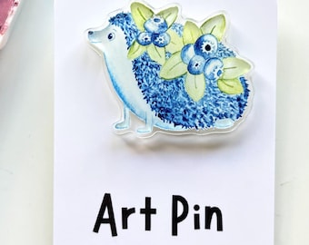 Blueberry Hedgehog Watercolor Pin | Acrylic Pin Blue Fruit Gift | Hedgehog Accessory | Garden Cottagecore Pin