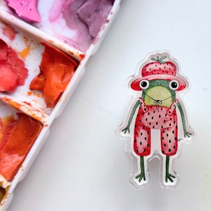 Strawberry Frog Watercolor Pin – Acrylic 1.5" Cute Animal Accessory