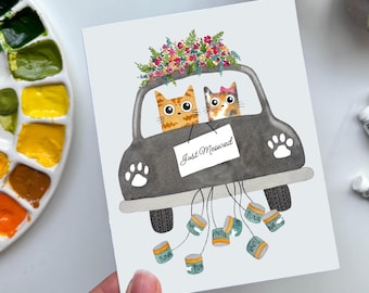 Cat Themed Just Married Wedding Celebration Card - Feline Wedding Gift Stationary - Cat Love Couple Card - Anniversary
