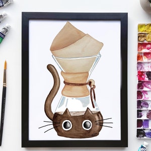 Coffee Cat Pour Over Chemex Watercolor Print | Cat Cafe Coffeeshop Wall Art | Coffee Cat Pour Over Glossy Print | 5x7 and 8.5x11 Giclee