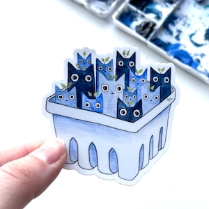 Blueberry Cats Watercolor Sticker | Weatherproof Vinyl Cat Fruit Animal Art | Feline Multiple Cats Sticker | Blueberry Fruit Blue Cat Gift