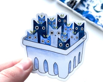 Blueberry Cats Watercolor Sticker | Weatherproof Vinyl Cat Fruit Animal Art | Feline Multiple Cats Sticker | Blueberry Fruit Blue Cat Gift