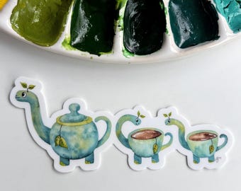 Dinosaur Teapot Family Watercolor Sticker – Weatherproof Vinyl Whimsical Tea Party Art
