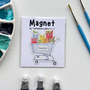 Fruit Cat Cart Magnet – Funny Watercolor Magnet, Cat Lover Gift, Shopping Cart of Fruit Cats, Vinyl Fridge or Locker Magnet