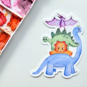 Stacked Dinosaurs Watercolor Sticker – Weatherproof Vinyl Cute Dino Friends Art
