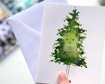Evergreen Pine Tree Christmas Watercolor Greeting Card – Cute Winter Holiday Tree Notecard, Pine Tree Stationery, Evergreen Christmas Card