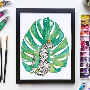 Jaguar Monstera Leaf Watercolor Print | Crowned Jaguar Monstera Leaf Wall Art | Jaguar Monstera Leaf Glossy Print | 5x7 and 8.5x11 Giclee