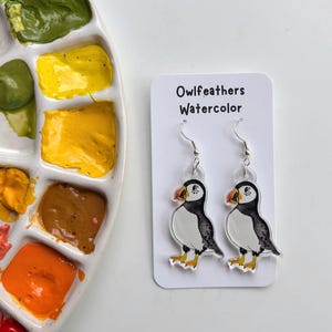Puffin Earrings | Puffin Bird Jewelry | Watercolor Puffin Art | Penguin Lover Gift | Seabird Dangle Earrings