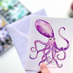 Purple Octopus Watercolor Greeting Card – Funny Sea Creature Note Card, Ocean Animal Stationery, Cute Octopus Gift Card