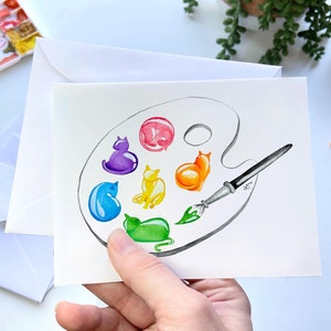 Paint Palette Cats Watercolor Greeting Card – Artist Cat Note Card, Cat Lover Art Gallery Card, Painter Stationery, Cute Studio Cat Card