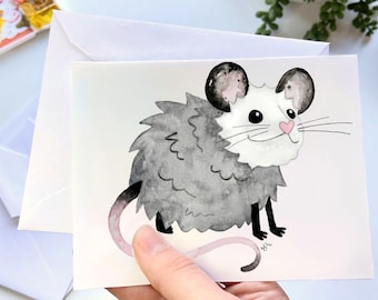 Opossum Watercolor Greeting Card – Cute Possum Stationery, Baby Opossum Notecard, Forbidden Cat Card, Funny Animal Greeting Card