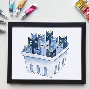 Impression aquarelle de chats aux bleuets | Art mural chats bleuets en carton | Impression aquarelle brillante en carton de chats aux bleuets | Giclée 5 x 7 et 8,5 x 11