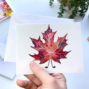 Fall Leaves Red Maple Leaf Watercolor Greeting Card – Autumn Red Leaf Note Card, Fall Stationery, Woodland Nature Notecard