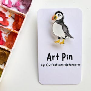 Puffin Acrylic Pin: Cute Seabird Gift, Watercolor Ocean Animal Art Pin
