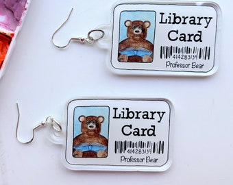 Library Card Bear Earrings | Book Earrings | Reading Jewelry | Bear Earrings | Bear Jewelry | Library Accessories | Book Earrings