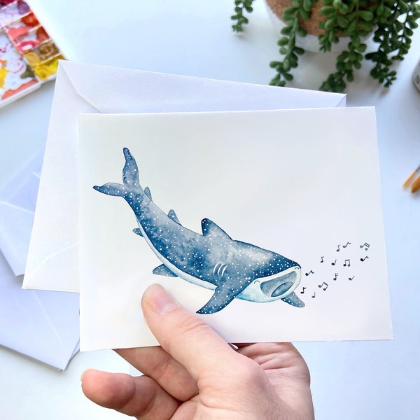 Singing Whale Shark Watercolor Greeting Card, Note Card, Stationary: singing music musician music teacher whale shark lover cartoon shark