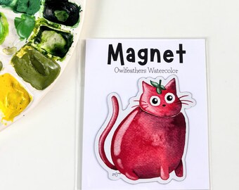 Tomato Cat Magnet – Funny Watercolor Magnet, Cute Red Cat Art, Vinyl Magnet for Fridge or Locker, Fruit Cat Gift for Cat Lovers