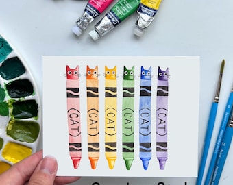 Cat Crayon Watercolor Greeting Card – Rainbow Kitty Art Card, Cute School Note Card, Back to School Stationery, Gift for Cat Lovers Teachers