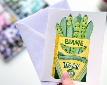 Funny Crayon Box Greeting Card – Green Beans Veggie Humor Notecard, Ironic Vegetable Stationery, Food Card