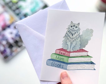 Cat with Books Watercolor Greeting Card – Bookish Cat Note Card, Library Lover Stationery, Cozy Reading Cat Art Card