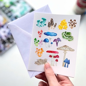 Mushrooms Watercolor Greeting Card – Botanical Mushroom Lover Card, Forager Stationery, Fungi Nature Note Card, Cottagecore Greeting Card