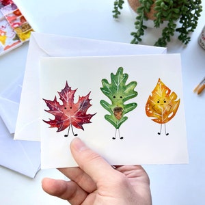 Fall Leaves Watercolor Greeting Card – Maple, Oak, Birch Leaf Notecard, Autumn Stationery, Fall Foliage Blank Card